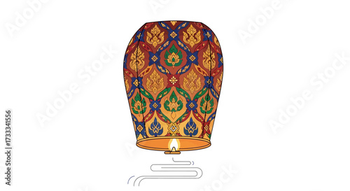Vibrantly decorated sky lantern ascending gently, showcasing rich cultural motifs and intricate designs, symbolizing tradition, light, and aspirations