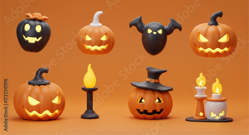 Halloween Pumpkins with Scary Faces, Glowing Lanterns, Spooky Candles, 3D Illustration of Haunted Holiday Decoration, Creepy Night Party Background in Dark Atmosphere