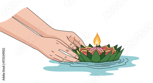 Vector illustration of hands carefully placing a traditional lotus-shaped krathong with a lit candle onto water for Thai festival