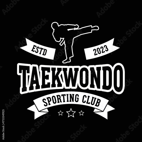 Vintage-style black and white Taekwondo club emblem featuring a martial artist executing a high kick.