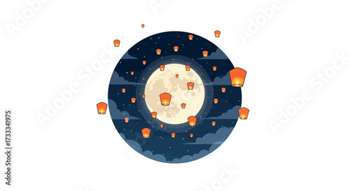 A beautiful graphic illustration of glowing sky lanterns released into the starry night sky during a full moon festival