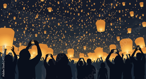 Night sky filled with glowing lanterns, a crowd celebrates a festive event, capturing a breathtaking scene with golden lights