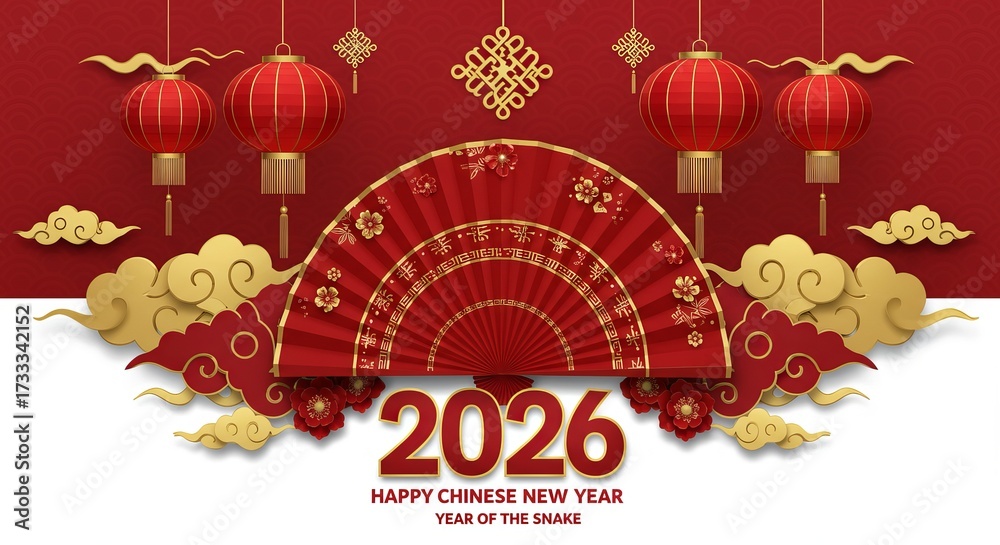 Naklejka premium Happy chinese new year 2026 year of the snake celebration with fan