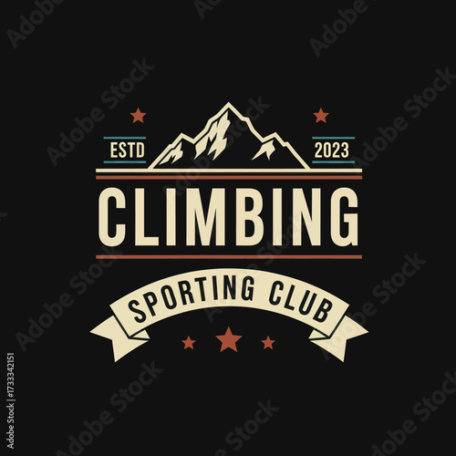 Vintage emblem for a climbing sporting club featuring rugged mountains, the establishment date, and bold text.