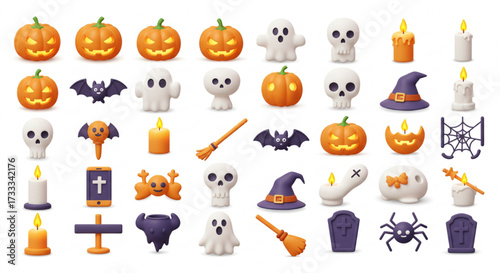 Spooky Halloween Icons 3d Vector Set: Ghost, Pumpkin, Witch, Skull, Bat,  and Elements Collection.