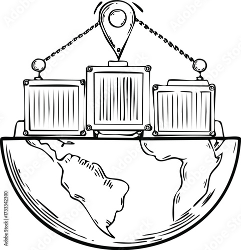 Hand-drawn global logistics illustration with shipping containers on a world map, symbolizing international trade, worldwide delivery, and efficient supply chain management