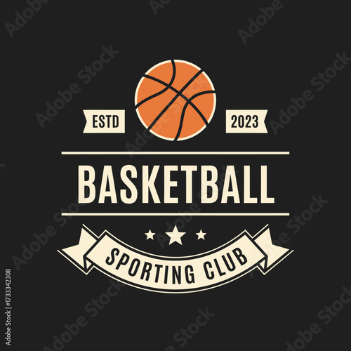 A vintage-style emblem for a basketball sporting club, featuring an orange ball and banners on a dark background.