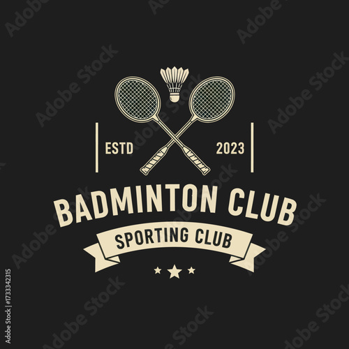 Vintage emblem for a badminton club featuring crossed rackets and a shuttlecock, with established and current year dates.