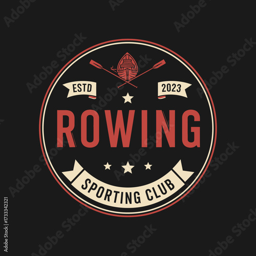 Circular vintage logo design featuring a rowing boat, oars, and text, on a dark background.