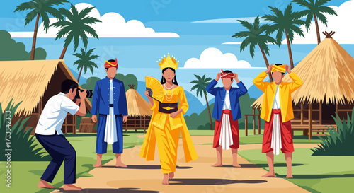 Cultural Dance Performance, Local Dancer, Traditional Village, Illustration, Tropical Environment, Close-up View, Celebrating Heritage