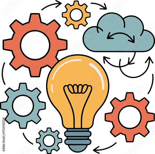 Light bulb gears and cloud with arrows representing innovation and process idea concept