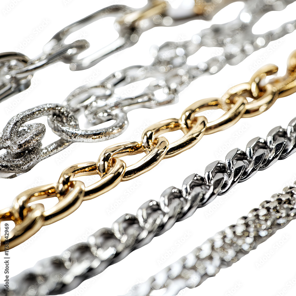 Fototapeta premium Close-up of various metallic chains, likely jewelry