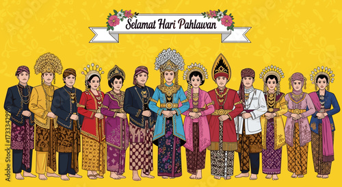 Selamat Hari Pahlawan : A vector illustration of diverse Indonesian men and women in traditional costumes celebrating a national holiday, a symbol of cultural unity
