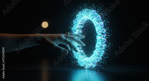 Hand reaching towards a glowing blue portal in the dark.