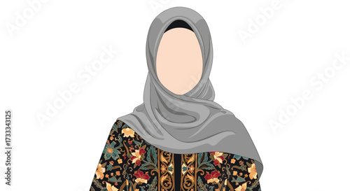 Cultural Portrait, Muslim Woman, Studio Setting, Illustration Art, Contemporary Style, Front View, Identity Representation