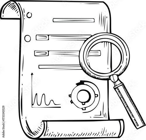Document Examination A Hand-Drawn Illustration of a Magnifying Glass Examining a Document with Charts