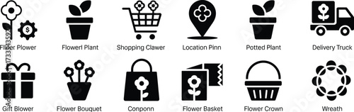 Minimalist Flower Delivery Icons Set, Black Plant Gift Symbols for E-commerce, Online Florist, Botanical App, Eco Design, UI Elements