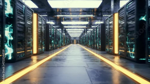 Smooth forward video through a vast hyper-modern data center with towering racks emitting neon blue and yellow lights, reflective floor, and orange pathway. Concept of advanced digital infrastructure