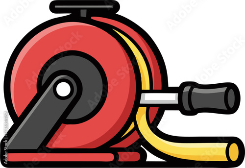 Cartoonish Red and Black Hose Reel with Yellow Hose and Handle