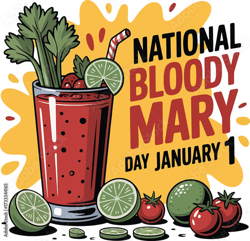 National Bloody Mary Day celebration with cocktail ingredients and text drink beverage