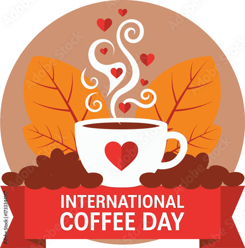 Cozy autumn coffee cup with heart and international coffee day celebration vector
