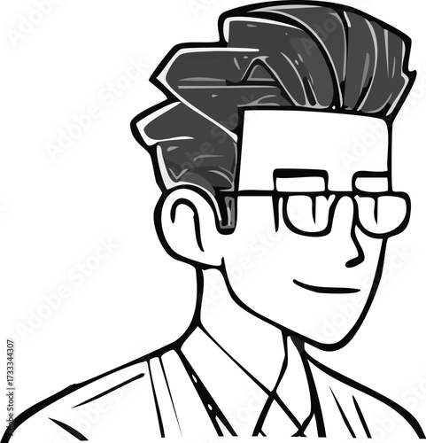 A stylized illustration of a man with glasses, a collared shirt, and neatly styled hair, smiling.