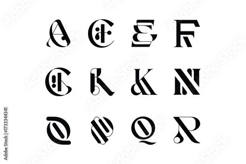 Collection of stylized black and white alphabet letters on a white background