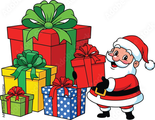 Santa claus holding christmas gifts pile festive holiday celebration vector