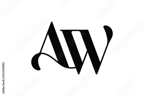 A stylized black and white logo featuring the intertwined letters a and w