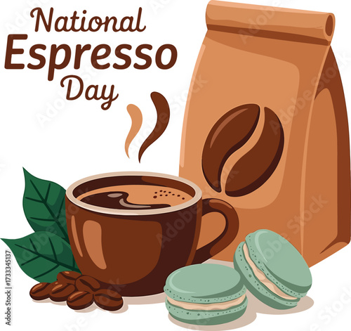 National Espresso Day celebration with coffee cup beans bag and macarons vector illustration
