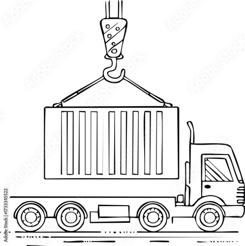 Illustration of a crane lifting a shipping container onto a truck, depicting logistics and transportation