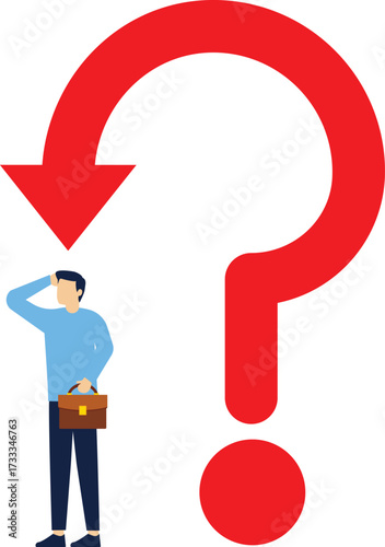 Businessman sitting on fallen arrow question mark thinking

