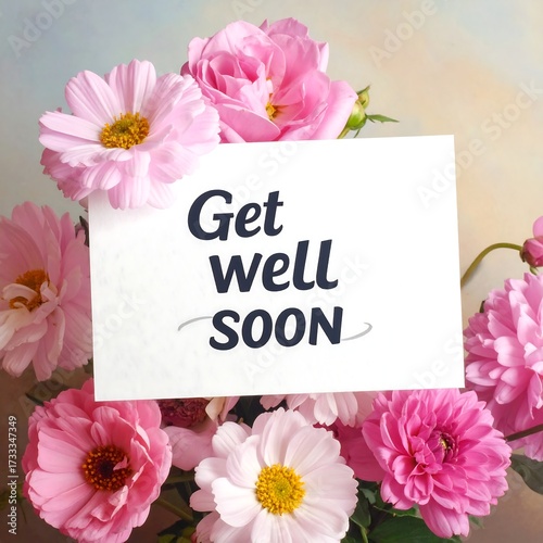 Pink flowers surround a get well soon card