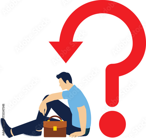 Businessman sitting on fallen arrow question mark thinking

