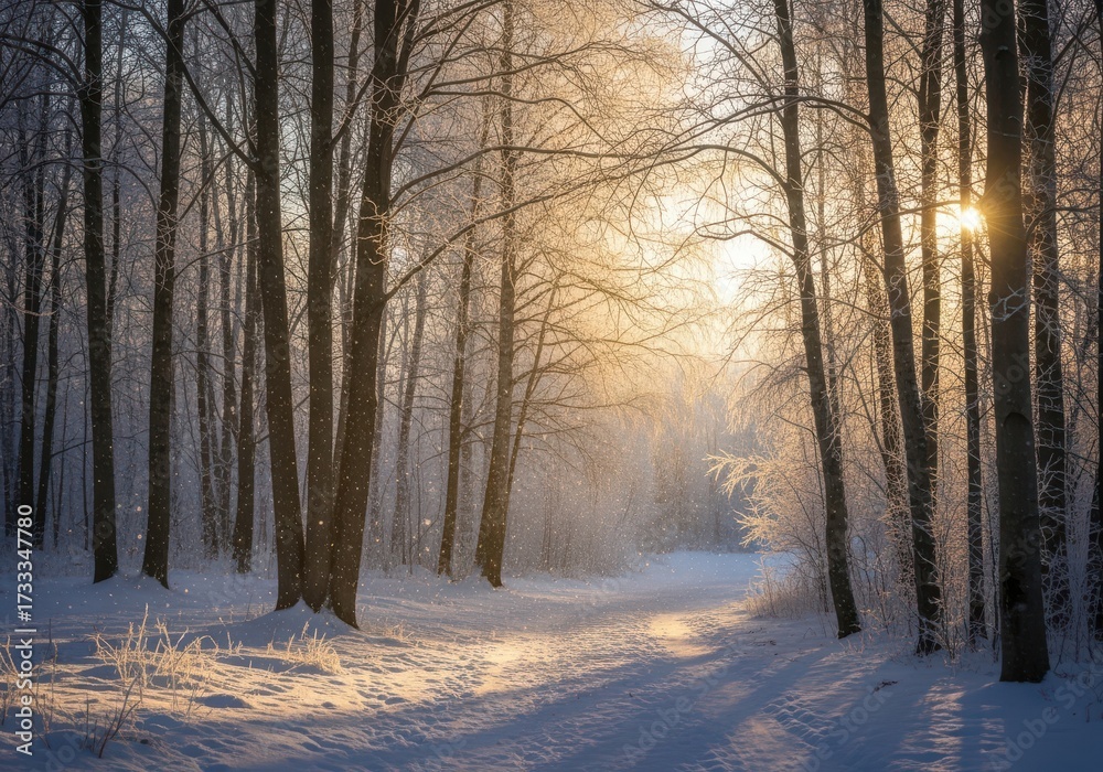 Fototapeta premium Sunlight filtering through frosted trees in a snowy forest path
