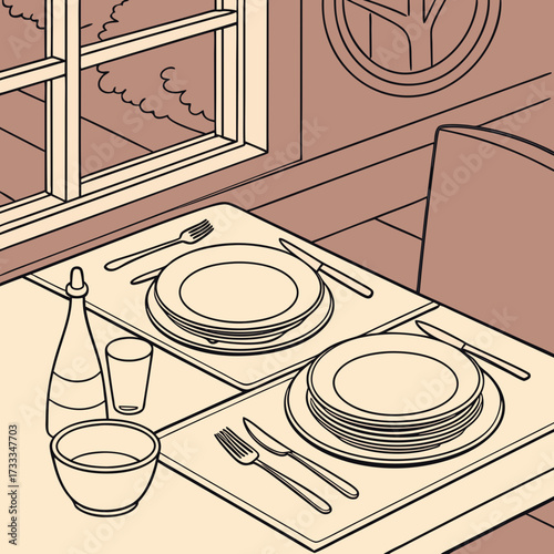 A charming isometric illustration of a dining table set for two with plates cutlery glasses and a bottle of wine next to a window overlooking trees