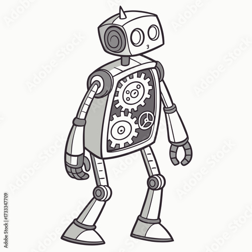 A charming cartoon robot with visible gears inside its chest stands on a plain white background looking slightly to the side with a friendly expression