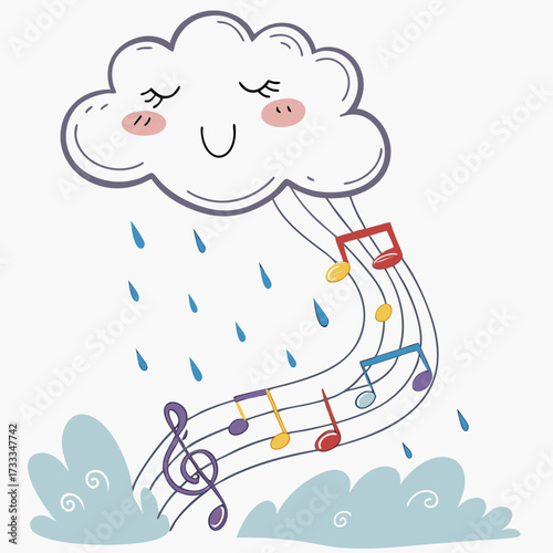 A cheerful cartoon cloud with closed eyes and rosy cheeks showering musical notes and raindrops onto whimsical blue clouds below