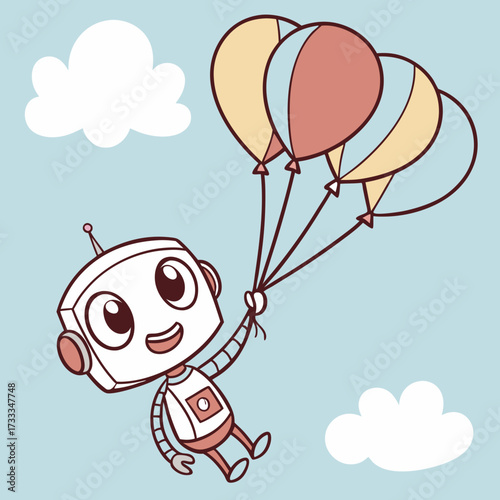A cheerful cartoon robot with big eyes and a smile floats happily in a light blue sky holding onto a bunch of colorful balloons with fluffy white clouds around it