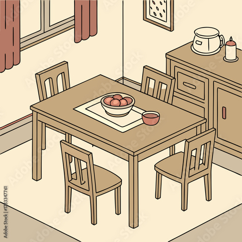 A cozy and inviting dining room scene with a wooden table set for a meal surrounded by chairs a sideboard and a window with curtains rendered in a charming isometric illustration style