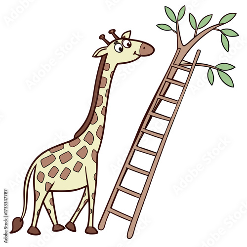 A cute cartoon giraffe stands next to a wooden ladder leaning against a small tree with green leaves suggesting reaching for something