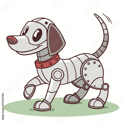 A cute cartoon robot dog with a metallic silver body and red collar is happily walking on a green grassy patch against a white background