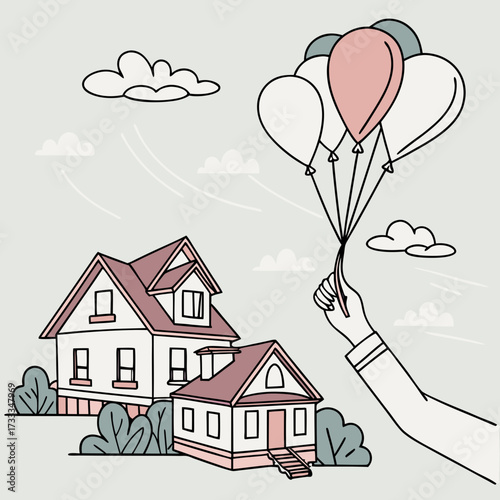 A hand holding a bunch of colorful balloons floats above two charming houses with lush green bushes and fluffy white clouds in a light blue sky representing dreams and aspirations