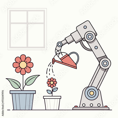 A futuristic robotic arm carefully waters a small potted flower with a watering can symbolizing advanced technology in horticulture and automated gardening