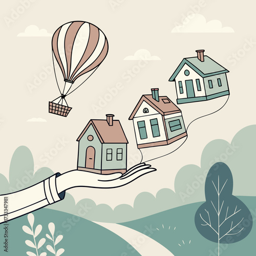 A gentle hand offers a small house while a hot air balloon carries other houses away into a dreamlike landscape