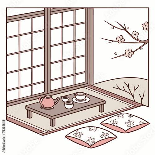 A serene japanese tea ceremony setting with a low table teapot cups and cushions viewed through a traditional shoji screen with a blooming cherry blossom branch outside