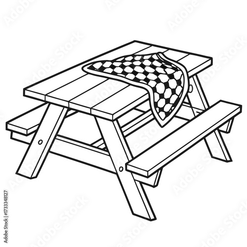 A simple black and white line art illustration of a wooden picnic table with a checkered blanket draped over its surface perfect for outdoor dining or park settings