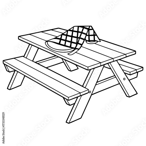 A simple black and white line drawing illustration of a wooden picnic table with attached benches featuring a checkered tablecloth draped over the table surface suggesting outdoor dining or relaxation