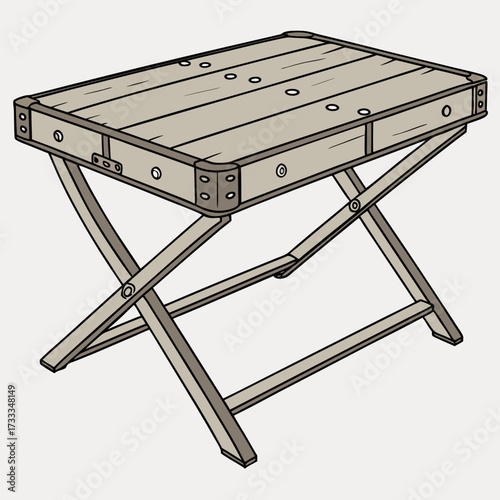 A simple hand drawn illustration of a portable wooden folding table with a light brown surface and criss cross legs on a plain background