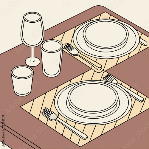 A simple isometric illustration of a table setting for two with plates forks glasses and a wine glass on placemats